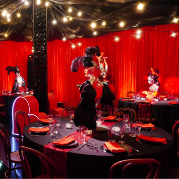 burlesque dinner party red velvet manequins