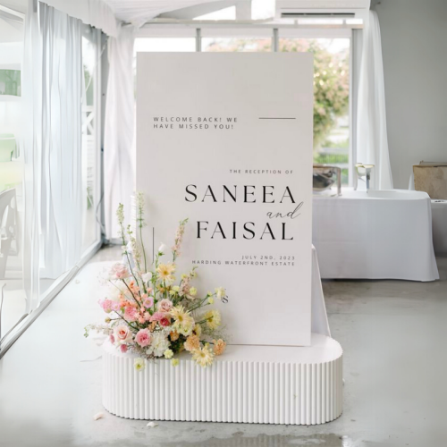 white ribbed base wedding signage 