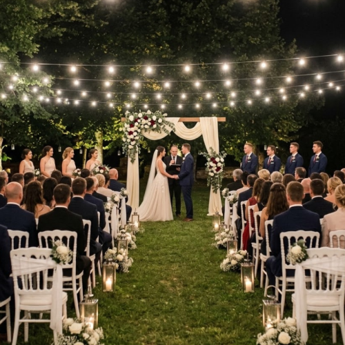 festoon lights over wedding ceremony