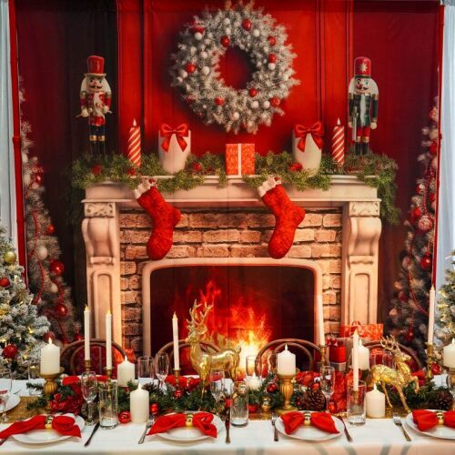 Christmas fireplace backdrop with table setting and decorations