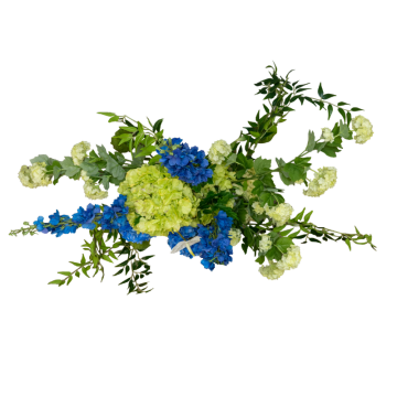 blue and green long table florals