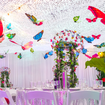 white meshed roof with large butterflies
