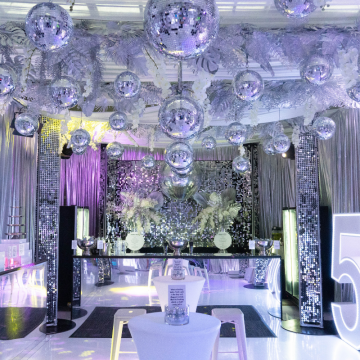 silver mirror balls and white draped roof
