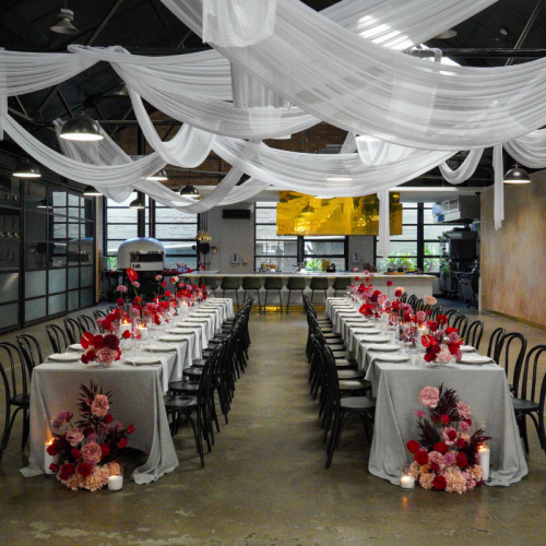 wedding reception with white drape organically over beams