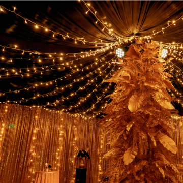 black and gold themed party with black draped roof and fairy lights