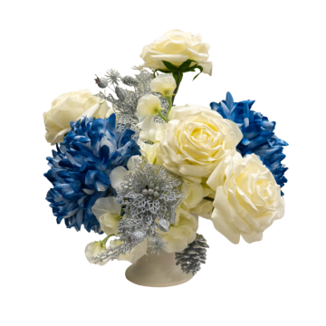 blue, white flowers centrepiece small pot