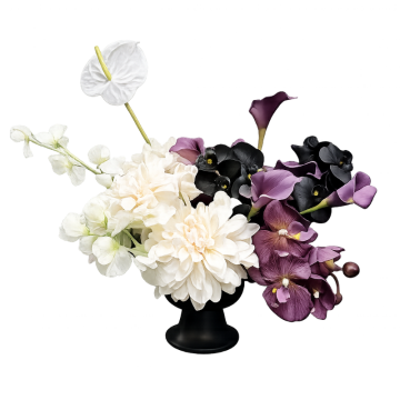white and purple floral centrepiece