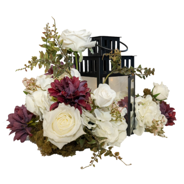 white roses and burgundy dahlias