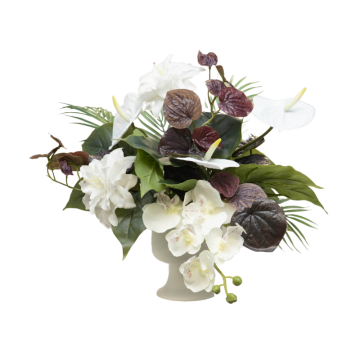 plum and white floral table centrepiece