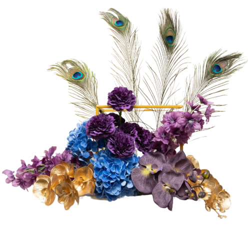 gold, purple, blue floral centrepiece