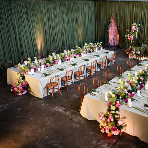 olive green draped room dining table setting