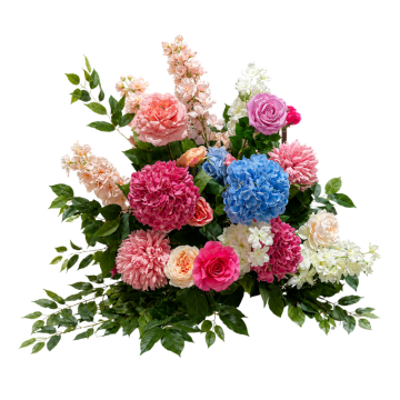 Bloom & Bliss Floral Bar Feature with pink roses, hydrangeas, colourful artificial florals and lush greenery for wedding and event bar styling.