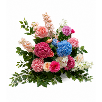 Bloom & Bliss Floral Bar Feature with pink roses, hydrangeas, colourful artificial florals and lush greenery for wedding and event bar styling.