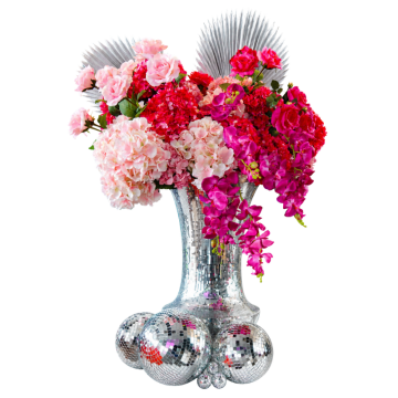 Fuchsia Fever Floral Feature with pink artificial florals, orchids, hydrangeas and roses in a mirror ball vase with silver disco styling for events.