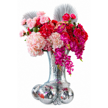 Fuchsia Fever Floral Feature with pink artificial florals, orchids, hydrangeas and roses in a mirror ball vase with silver disco styling for events.