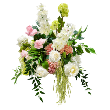Blush Meadow Floral Feature with pink and white artificial florals, lush greenery and faux flowers, styled for weddings and event dÃÂÃÂ©cor hire.
