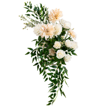Ivory Garden Floral Feature with ivory artificial roses, dahlias, cascading greenery and faux florals, perfect for wedding and event bar styling.