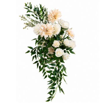 Ivory Garden Floral Feature with ivory artificial roses, dahlias, cascading greenery and faux florals, perfect for wedding and event bar styling.