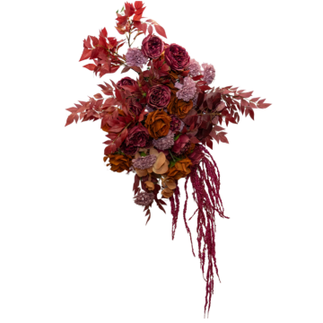 Autumn Ember Floral Feature with burgundy roses, burnt orange blooms, autumn artificial florals and cascading foliage for wedding and event styling.