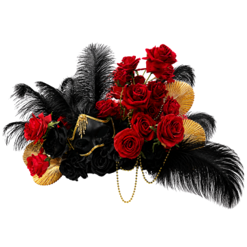 Midnight Masquerade Floral Feature with black and red artificial roses, ostrich feathers, gold accents and faux florals for luxury event styling.