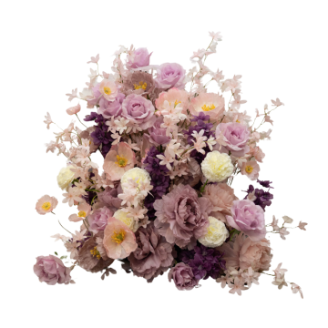 Lavender Mist Floral Feature with pastel artificial flowers, lilac roses, lavender blooms and faux florals for elegant wedding and event styling.