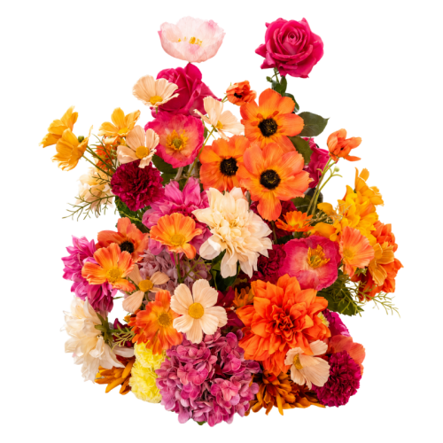 Sunset Fiesta Floral Feature with orange and pink artificial flowers, bright faux florals and colourful blooms for vibrant wedding and event styling.