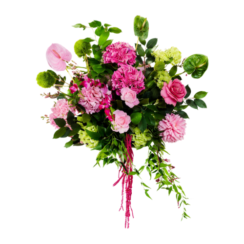 Pink Oasis Floral Feature with pink artificial flowers, lush green foliage and faux florals for elegant wedding, bar and event styling.