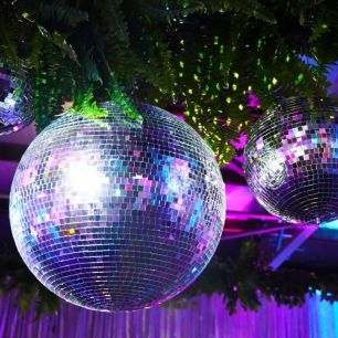 purple mirrorball hanging greenery